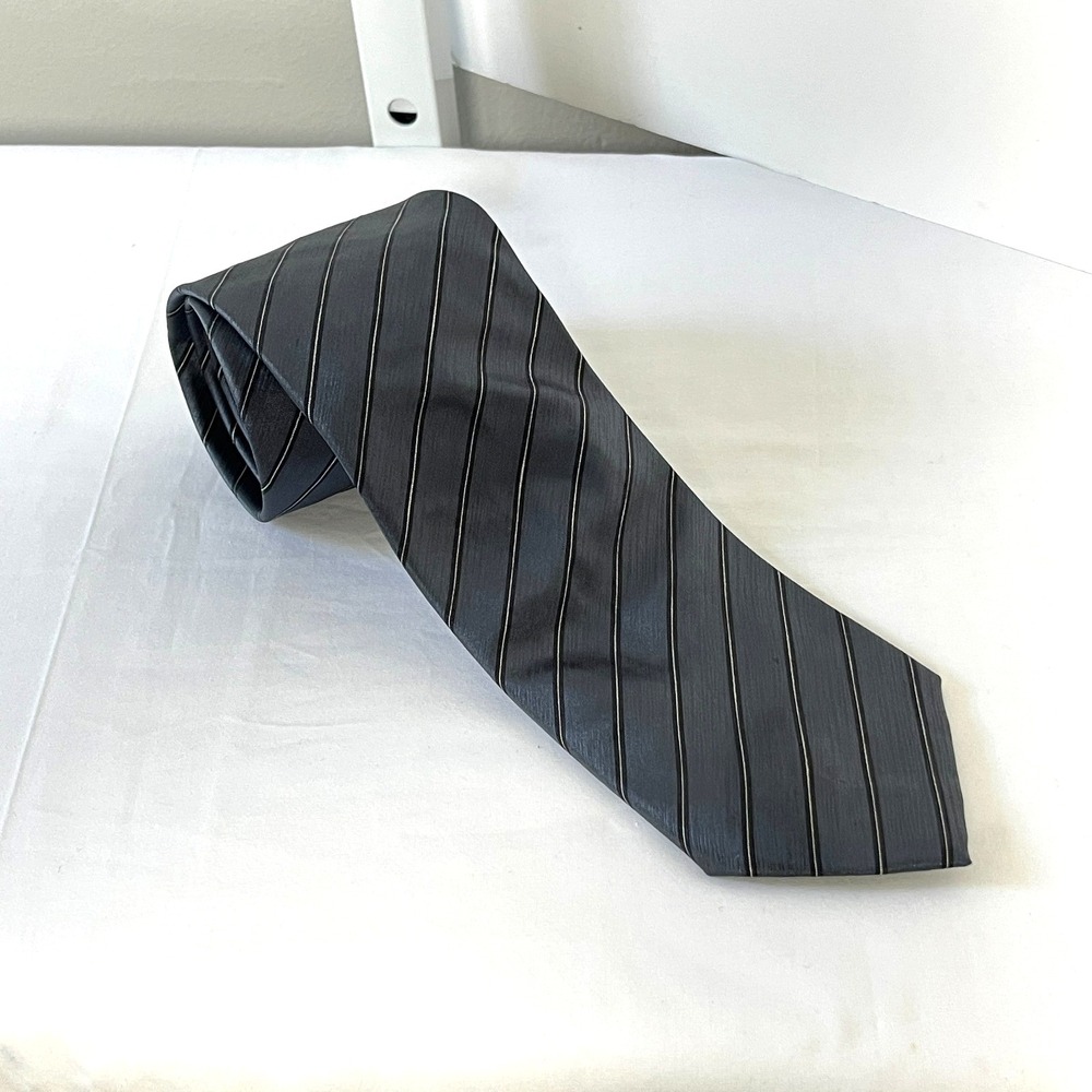 Armani Collezioni Tie Gray Striped Silk Linen Blend Made in Italy Sateen Finish
